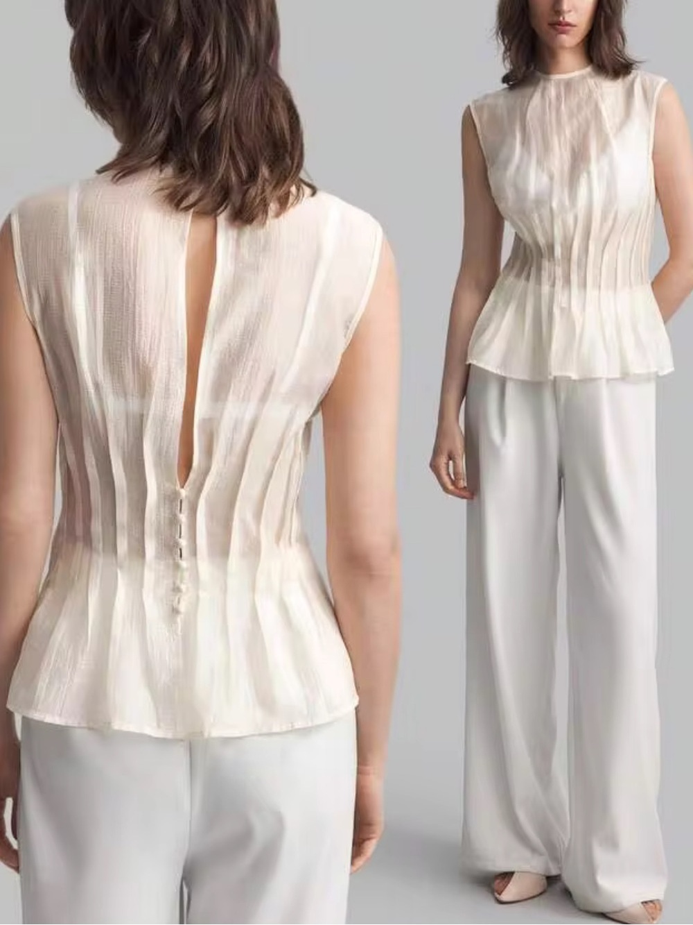 Organza semi sheer Ivory Cream Pleated Women's Top - Picture 2 of 7
